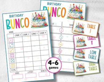 May include: Colorful birthday Bunco game set. Includes game sheets, table cards, and dice indicators. The design features a birthday cake illustration with the text "Happy Birthday!" and "Birthday Bunco".