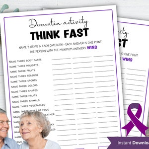 Dementia Think Fast Game, Dementia game, Dementia Activities, Ice breaker game , Caregiver Printable, Brain Games, Memory game, Elderly game