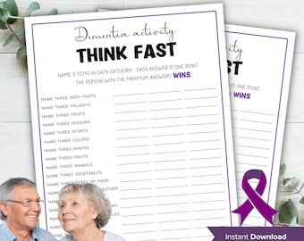 Dementia Think Fast Game, Dementia game, Dementia Activities, Ice breaker game , Caregiver Printable, Brain Games, Memory game, Elderly game