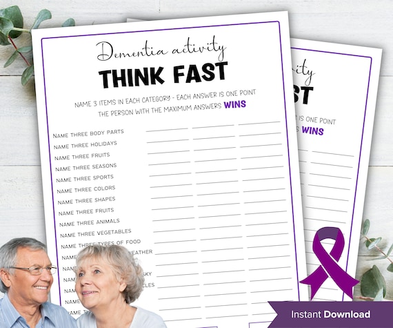 Dementia Think Fast Game, Dementia game, Dementia Activities, Ice breaker game , Caregiver Printable, Brain Games, Memory game, Elderly game