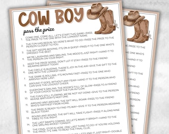 Könnte beinhalten: Zwei bedruckte Blätter mit Cowboy-Motiv. Der Text "COWBOY" steht oben, darunter die Worte "pass the prize". Die Blätter enthalten eine Liste mit Anweisungen und Illustrationen eines Cowboyhuts und -stiefel.