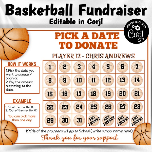 Basketball Fundraiser Calendar | Black Out My Board | Elite Basketball | Basketball Pick A Date To Donate I  Basketball Sponsor I  Team Fund