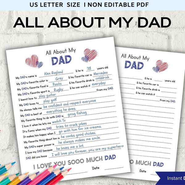 All about my Dad fill in the blank I Father's Day Gift I Father's birthday I About Dad  I Gift for Dad I Daddy interview Questionnaire 001