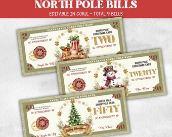 Bewerkbare kerstgeld, klaar om af te drukken kerstspeelgeld, Noordpooldollarbiljet, kousvuller, afdrukbaar kerstgeld, dollar