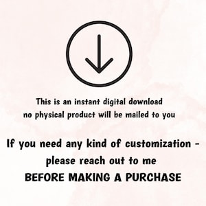 Puede incluir: Un gr&aacute;fico en blanco y negro con una flecha hacia abajo en un c&iacute;rculo. El texto dice "Esta es una descarga digital instant&aacute;nea ning&uacute;n producto f&iacute;sico se enviar&aacute; por correo Si necesita alg&uacute;n tipo de personalizaci&oacute;n - p&oacute;ngase en contacto conmigo ANTES DE REALIZAR UNA COMPRA"