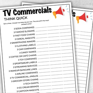 May include: Two white sheets of paper with the title "TV Commercials" at the top. The text "Think Quick" is below the title. The sheets have a list of categories to brainstorm, such as "Soda Companies" and "Fast Food Chains". The top right corner has a cartoon megaphone.