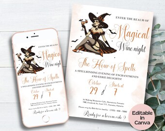 Canva で編集可能なハロウィン ティー パーティー招待状、ハロウィン パーティー招待状、魔女のティー パーティー テンプレート、ハロウィン ブライダル シャワー、ゴシック ブランチ招待状