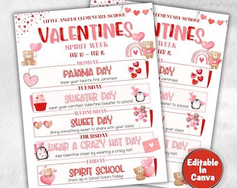 Customizable Valentine&#39;s School Spirit Week Flyer, PTO Schedule, February Itinerary, February PTA, Editable in Canva,  Newsletter,  Events