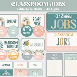 Op de afbeelding: Een verzameling klaslokaal taakkaarten en naamlabels in een zacht kleurenpalet. De ontwerpen bevatten regenbogen, botanische elementen en de woorden "Classroom Jobs", "Sweeper", "Board Wiper", "Bathroom Monitor", "Messenger", "Paper Passers".