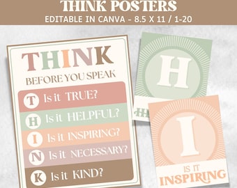 Think Before You, Classroom Think Posters, Therapy Office Decor, School Counselor, Teacher Printable, Classroom Sign, Classroom Rules Decor