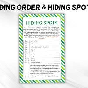 May include: A green and white striped printable card with the title "Hiding Spots" and instructions for a hiding game. The card lists 12 clues with corresponding hiding spots, such as "Hand to Kid" and "Pantry". The final clue is "Hamper/Washer" and the reward is hidden in the "Closet".