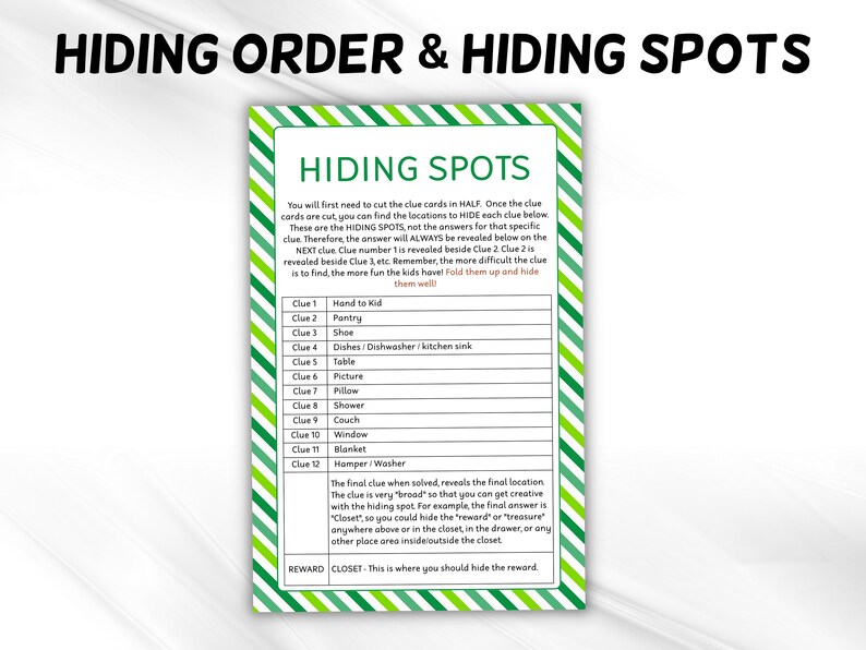 May include: A green and white striped printable card with the title "Hiding Spots" and instructions for a hiding game. The card lists 12 clues with corresponding hiding spots, such as "Hand to Kid" and "Pantry". The final clue is "Hamper/Washer" and the reward is hidden in the "Closet".