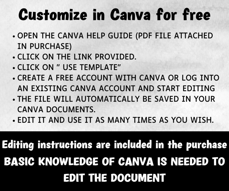 Puede incluir: Instrucciones sobre c&oacute;mo personalizar una plantilla de Canva de forma gratuita. El texto explica c&oacute;mo abrir la gu&iacute;a de ayuda de Canva, hacer clic en el enlace proporcionado, hacer clic en "Usar plantilla", crear una cuenta gratuita o iniciar sesi&oacute;n en una cuenta existente, y editar la plantilla. Tambi&eacute;n indica que el archivo se guardar&aacute; autom&aacute;ticamente en tus documentos de Canva y que puedes editarlo tantas veces como quieras. El texto tambi&eacute;n indica que se necesitan conocimientos b&aacute;sicos de Canva para editar el documento.