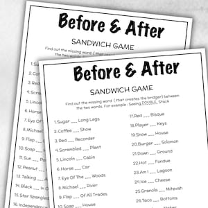 Vor und nach dem Büro-Party-Sandwich-Spiel, füllen Sie das leere Wort Quiz aus, druckbares Trivia Puzzle, Kinder, Teenager, Erwachsene, Familienspielnacht