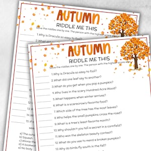 May include: Two printable autumn-themed game sheets with the text "Autumn Riddle Me This". The sheets have a red border and feature fall leaves and a tree graphic. The riddles are printed in black.