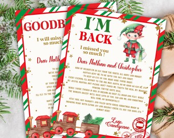 May include: A Christmas-themed letter from an elf to two children named Nathan and Christopher. The letter is written on a white background with red and green stripes and gold stars. The letter includes a message from the elf, who says they are back from the North Pole and will be watching over the children. The letter also includes a drawing of a train with a Christmas tree on top.
