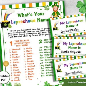 Leprechaun name tag game, Leprechaun name board sign, Leprechaun name generator,  What&#39;s Your Leprechaun  name, St Patricks Day Games