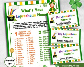 Leprechaun name tag game, Leprechaun name board sign, Leprechaun name generator,  What's Your Leprechaun  name, St Patricks Day Games