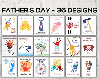 Könnte beinhalten: Sechsunddreißig Designs für Vatertagskarten mit Hand- und Fußabdrücken. Die Karten beinhalten verschiedene Themen wie "Du bist mein Superheld", "Mein Vater rockt", "High Five an den besten Papa der Welt" und "Wir lieben dich Papa".