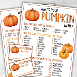 Op de afbeelding: Een set printbare herfstspellen met aquarelpompoenen. Het hoofdspel is "Wat is je pompoennaam?" met aanwijzingen op basis van leeftijd, voornaam en geboortemaand. Bevat kleinere kaarten voor "Mijn pompoennaam is:"