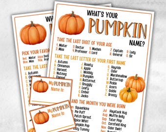 May include: A set of printable fall-themed games with watercolor pumpkins. The main game is "What's Your Pumpkin Name?" with prompts based on age, first name, and birth month. Includes smaller cards for "My Pumpkin Name Is:"