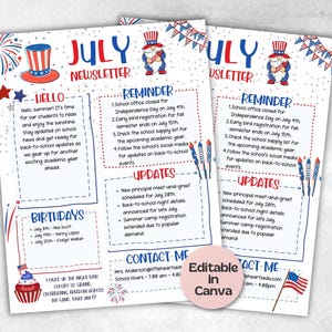 4th of July Classroom Newsletter, Daycare Class Newsletter, Newsletter Template, Canva Template School Newsletter, Parent Communication