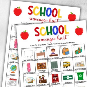 May include: Two printable school scavenger hunt sheets. Each sheet features a red apple graphic and the words "SCHOOL scavenger hunt" in colorful letters. The sheets include a checklist of school-related items.