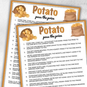 Könnte beinhalten: Zwei bedruckte Spielblätter mit dem Titel "Potato pass the prize" in braunem Text. Die Blätter haben einen hellorangen Rand und zeigen Illustrationen von Kartoffelsäcken und Kartoffeln. Die Spielanweisungen sind in schwarzem Text gedruckt.