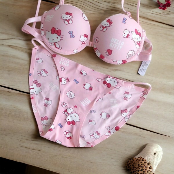 Hello Kitty Bra & Underwear - Cute Hello Kitty 2pc, Cartoon Lingerie, Womens Soft Underwear Set, Gift for her
