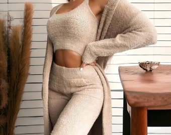 Fuzzy Sweat Lounge Set - Cozy 3 Piece Tank Top, Pant & Cardigan, Plush Sweatsuit, Womens Matching Set, Knitted 3 Piece Set