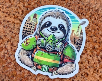 Sticker luiaard met gasmasker | Post-apocalyptische sticker | Weerbestendige vinylsticker