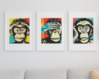 Monkeying About Poster, Wall Art, descarga digital, arte imprimible, póster imprimible, monos, arte animal, arte pop, arte brillante, arte colorido