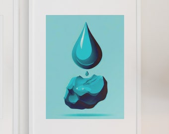 Gotas de arte de pared de tiempo, arte imprimible, cartel imprimible, arte azul, decoración de pared, arte de gota de lluvia, lluvia, rocas, azul
