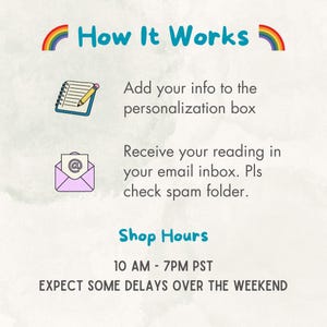 May include: An infographic titled "How It Works" with a rainbow graphic. It details the process: add info to the personalization box, receive your reading in your email inbox, and check your spam folder. Shop hours are 10 AM - 7 PM PST. Expect delays over the weekend.