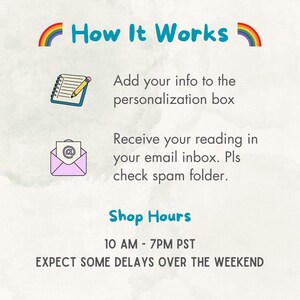 May include: An infographic titled "How It Works" with a rainbow graphic. It details the process: add info to the personalization box, receive your reading in your email inbox, and check your spam folder. Shop hours are 10 AM - 7 PM PST. Expect delays over the weekend.