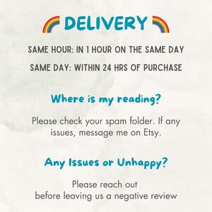 May include: A digital graphic with the word "DELIVERY" in teal with a rainbow above it. Text below states same-hour and same-day delivery details. Additional text addresses reading inquiries and customer service.