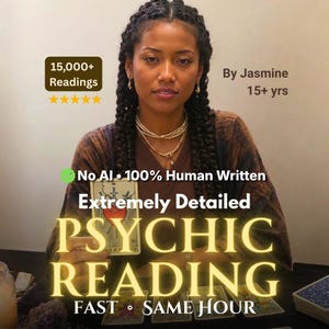 May include: A person with braided hair wearing a brown shirt and layered necklaces holds a Three of Swords tarot card. Text overlays include 15,000+ Readings, By Jasmine 15+ yrs, No AI 100% Human Written, Extremely Detailed PSYCHIC READING, and FAST SAME HOUR.