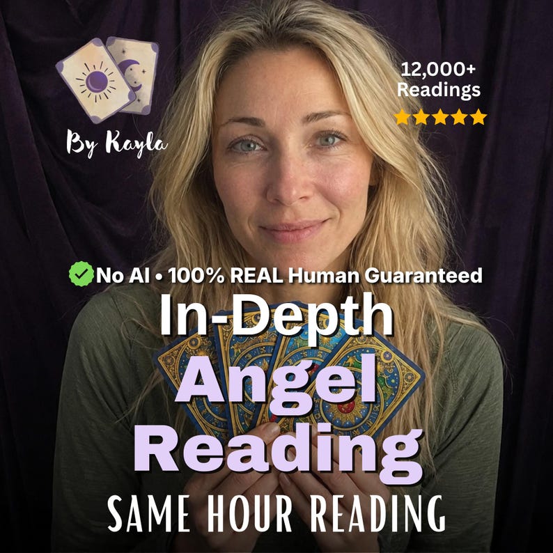 May include: A woman with blonde hair holds tarot cards. The image includes text that reads "In-Depth Angel Reading" and "Same Hour Reading." Additional text states "No AI &bull; 100% REAL Human Guaranteed" and "12,000+ Readings."