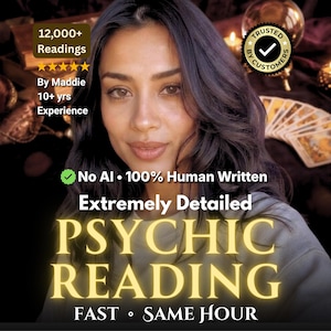 Op de afbeelding: Een persoon met donker haar staat centraal in de afbeelding. Tekstoverlays bevatten 12,000+ Readings, 5 sterren, By Maddie, 10+ yrs Experience, Trusted By Customers, No AI 100% Human Written, Extremely Detailed PSYCHIC READING, FAST SAME HOUR.