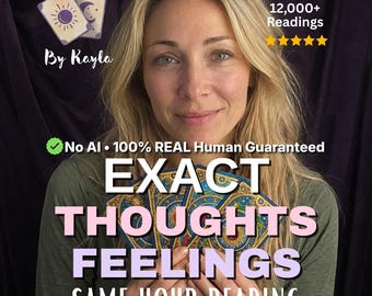 May include: A woman holding tarot cards, with text that reads "EXACT THOUGHTS FEELINGS SAME HOUR READING." The image also includes the text "No AI • 100% REAL Human Guaranteed" and "12,000+ Readings."