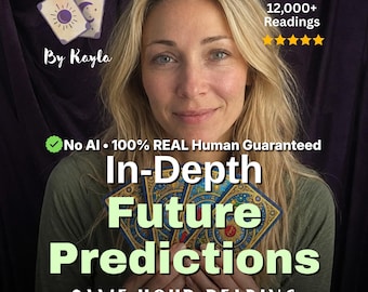 May include: A woman holding tarot cards, with text overlay: "In-Depth Future Predictions, Same Hour Reading." Additional text includes "No AI - 100% REAL Human Guaranteed" and "12,000+ Readings."