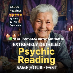 May include: An elderly woman smiles in an advertisement for psychic readings. Text includes "12,000+ Readings," "By Nana," and "Psychic Reading." The image also states "No AI - 100% REAL Human Guaranteed."