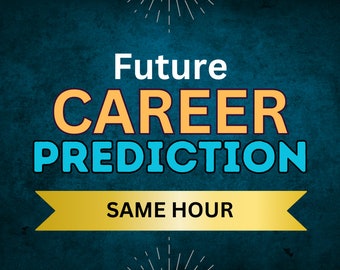 May include: A teal background with the words "Future Career Prediction" in white, orange, and teal. The text "SAME HOUR" is on a gold banner. White eye illustrations are at the top and bottom.
