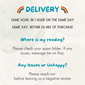 May include: A digital graphic with the word "DELIVERY" in teal with a rainbow above it. Text below states same-hour and same-day delivery details. Additional text addresses reading inquiries and customer service.