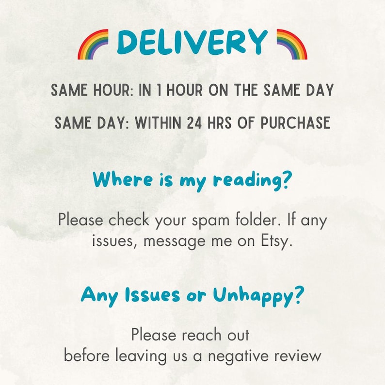 K&ouml;nnte beinhalten: Digitale Grafik mit dem Wort "DELIVERY" in T&uuml;rkis und einem Regenbogen dar&uuml;ber. Der Text darunter gibt Details zur Lieferung am selben Tag und in der gleichen Stunde an. Zus&auml;tzlicher Text befasst sich mit Leseanfragen und Kundenservice.