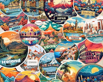 Travel Destination Digital To Print Vibrant Stickers Famous Countries Landmarks Tourism Colorful Travel Decals Car Laptop Sticker Luggage
