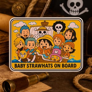 Naklejka na samochód Baby Strawhats On Board One Piece Cute Anime Wodoodporne naklejki samochodowe na zewnątrz, Baby On Board Kiss-Cut Animowana naklejka na samochód