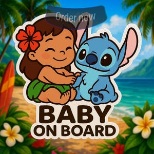Sticker voiture bébé à bord de haute qualité Sticker bébé fille hawaïenne mignon et extraterrestre, Sticker dessin animé extérieur résistant à l'eau, aux UV et aux rayures