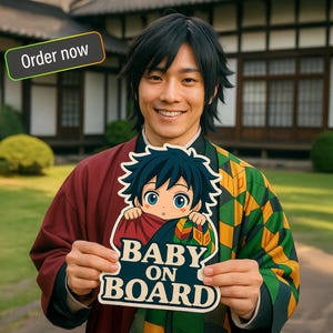 Cute Car Sticker, Baby On Board, Giyu Anime Slayer, Baby Boy Sticker Gift, UV, Scratch, Water Resistant, High Quality Cartoon Outdoor Decals