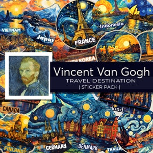 Pegatinas de destinos de viaje Países famosos Lugares emblemáticos Noche estrellada de Van Gogh Papelería colorida Calcomanías de viaje Etiqueta engomada del ordenador portátil del coche Equipaje
